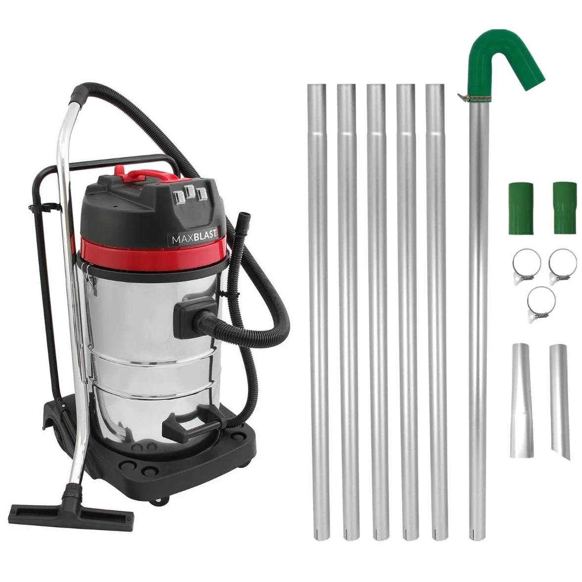 Odkurzacz na mokro i na sucho 80 l + zestaw słupków do czyszczenia rynny dachowej 1,2 – 7,2 m, silnik 3000 W, funkcja mokrej i suchej | wymienne dysze | kabel 9 m | łatwy manewr i koła