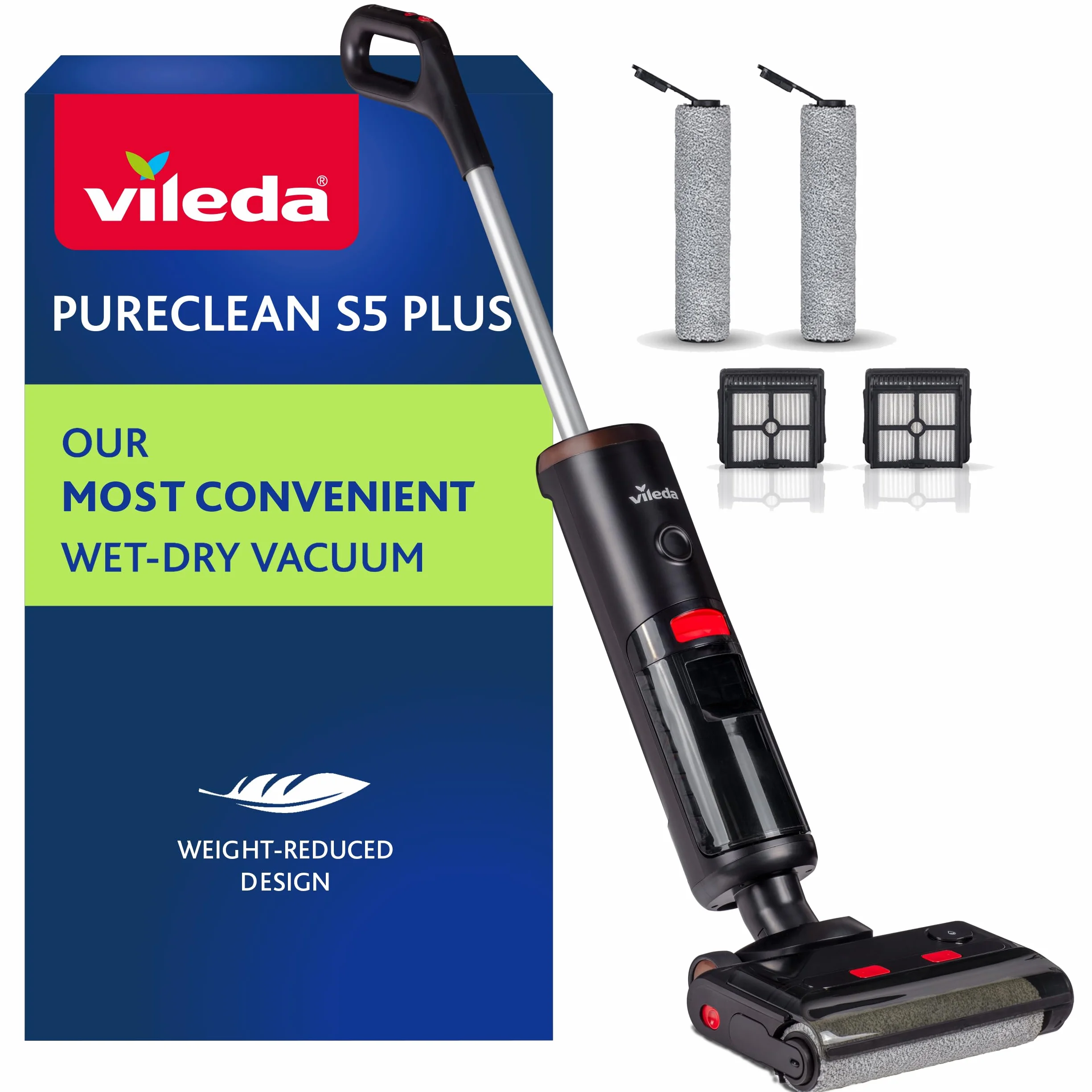 Vileda Pureclean S5 Plus, Inteligentny Bezprzewodowy Odkurzacz Myjący do Pracy na Mokro i Sucho, z Podwójnym Zbiornikiem, Funkcja Samoczyszczenia, Akcesoria (Łącznie 2 Rolki i 2 Filtry)